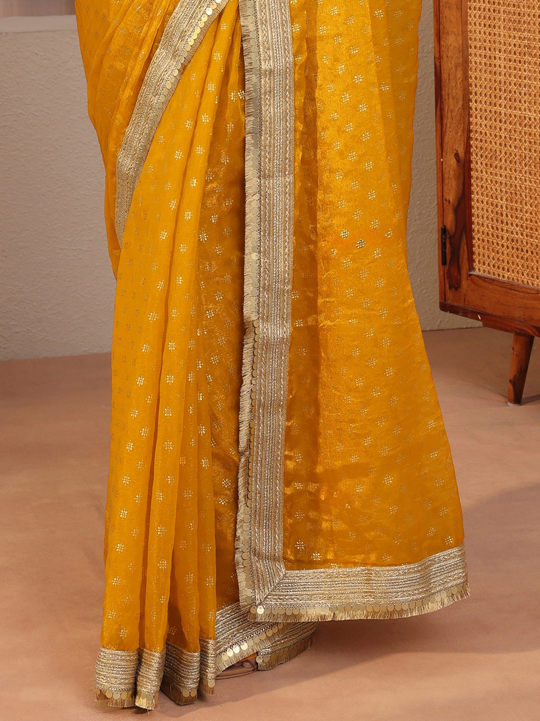  Mustard Foil Printed Tissue Saree 