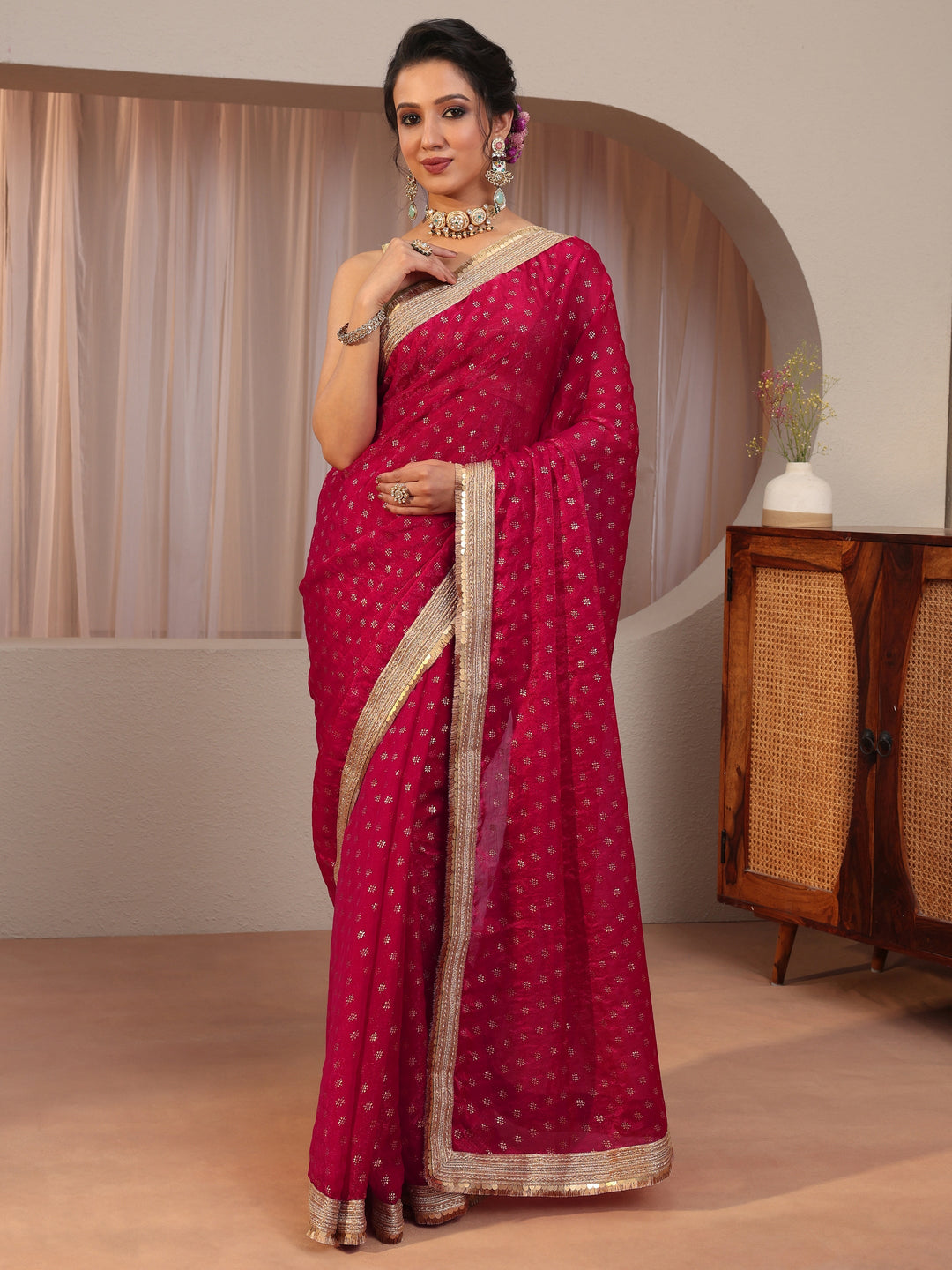  Rose Pink Foil Printed Tissue Saree 