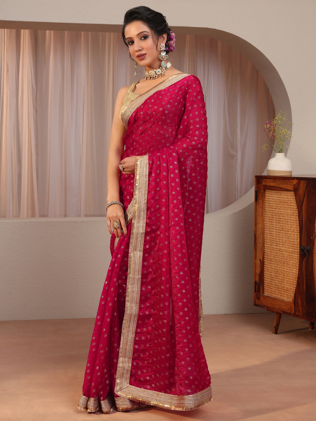  Rose Pink Foil Printed Tissue Saree 