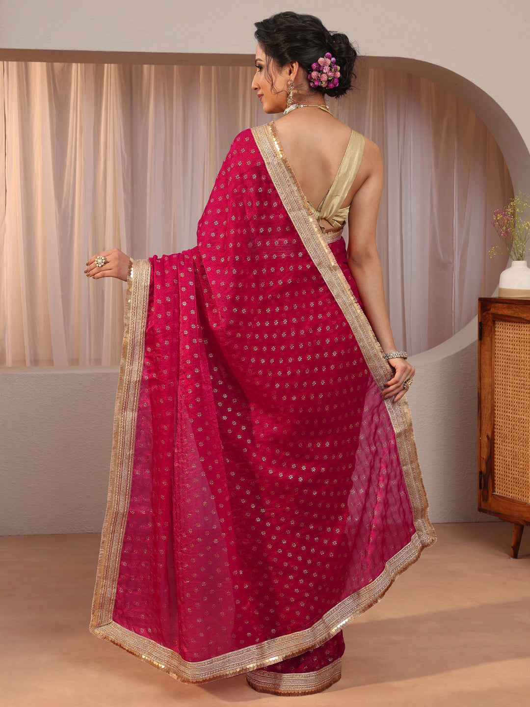  Rose Pink Foil Printed Tissue Saree 