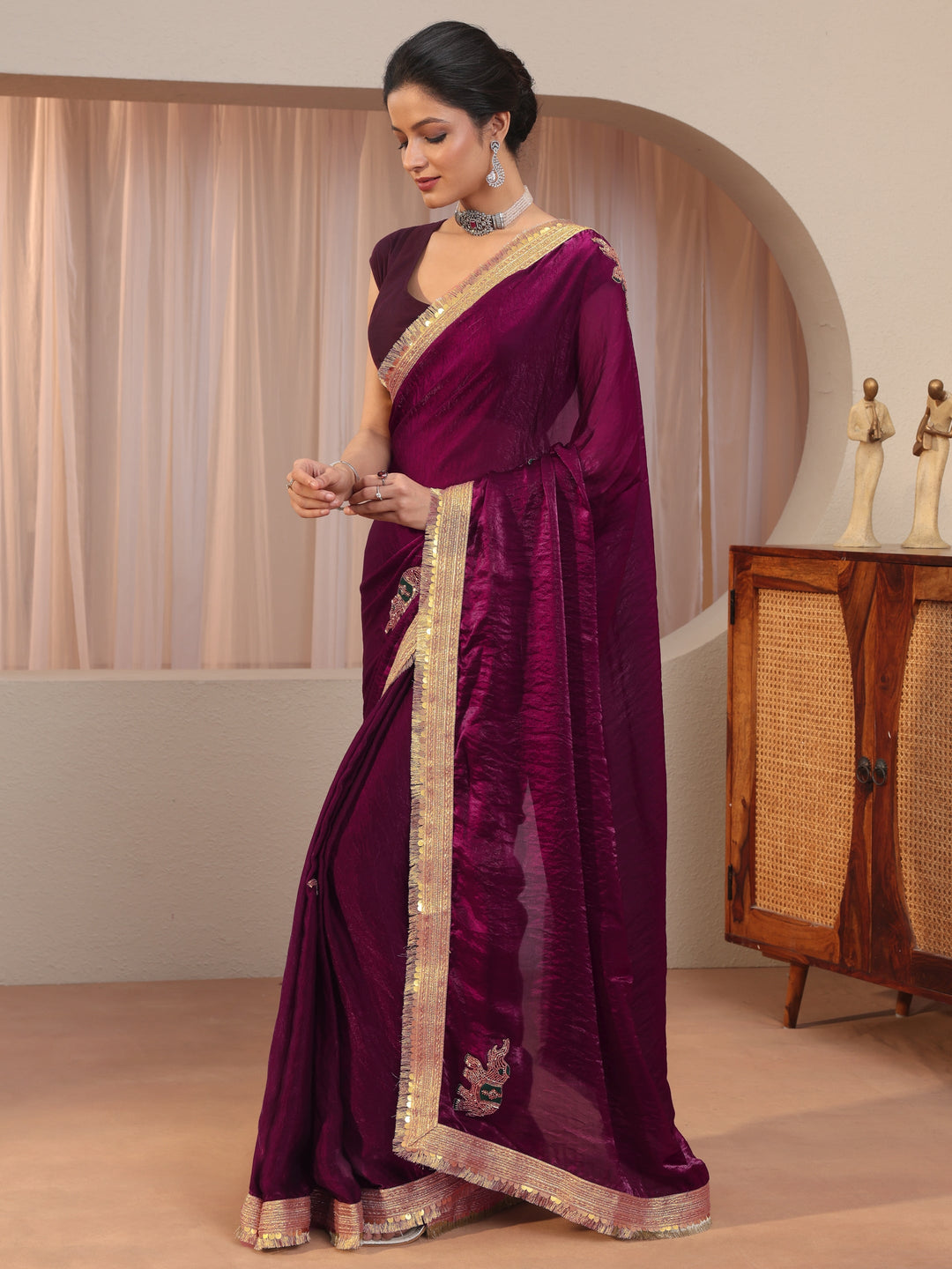  Burgundy Embellished Elephant Motif Tissue Saree 