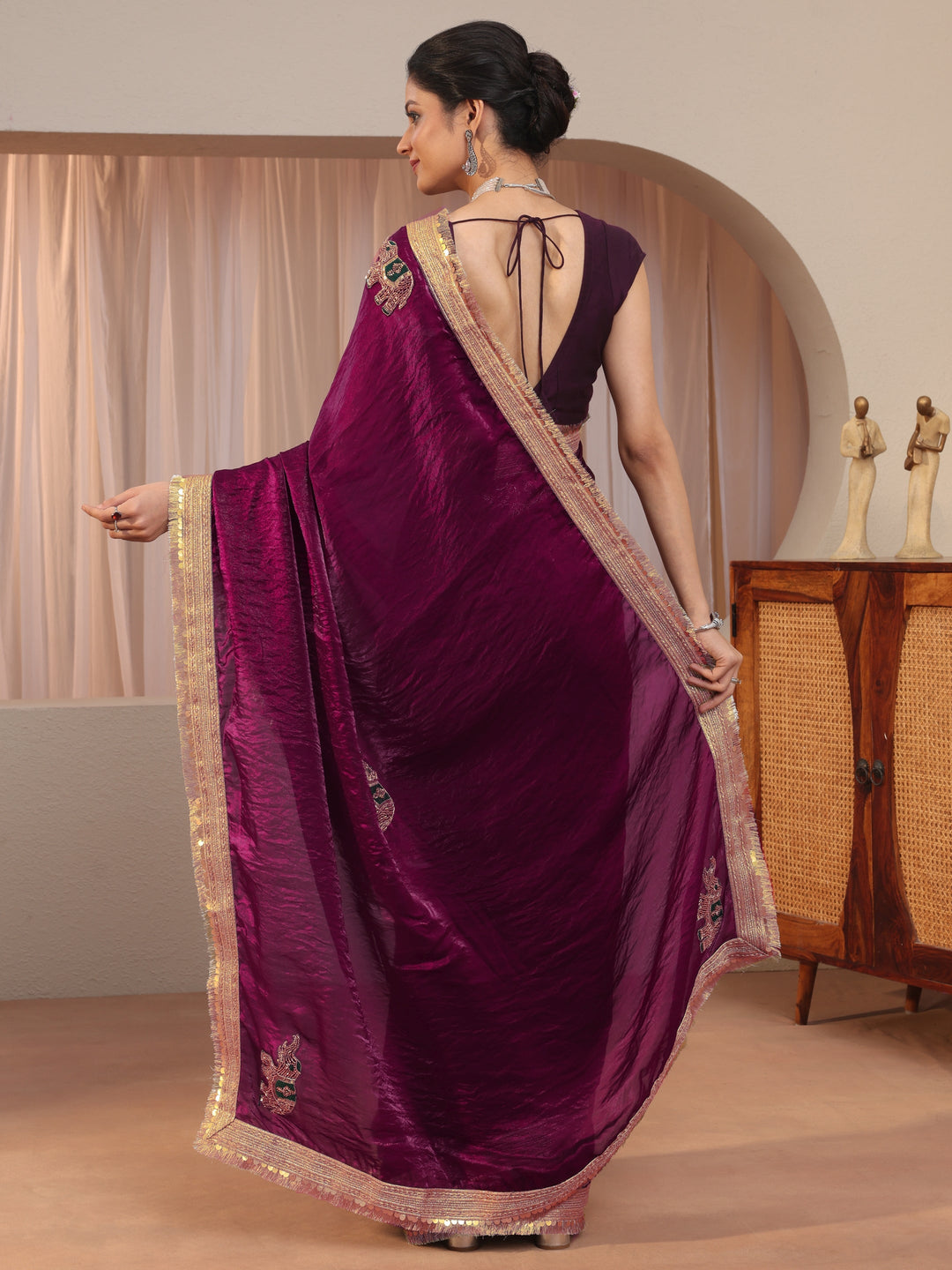 Burgundy Embellished Elephant Motif Tissue Saree 