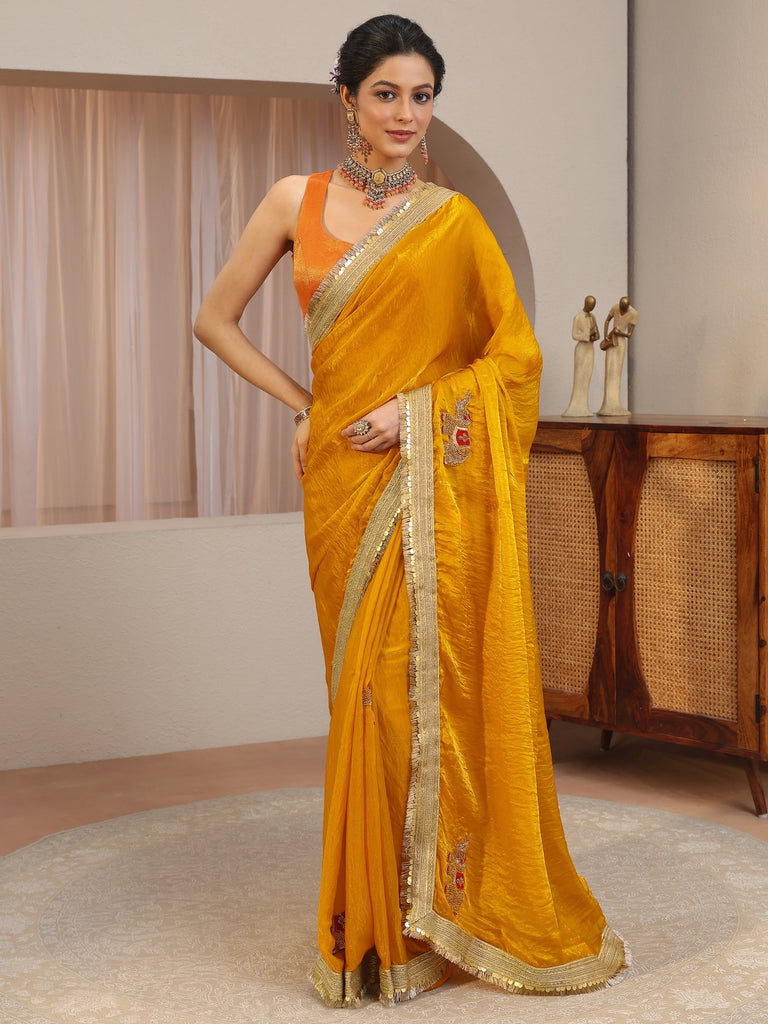 Libas Mustard Embellished Elephant Motif Tissue Saree