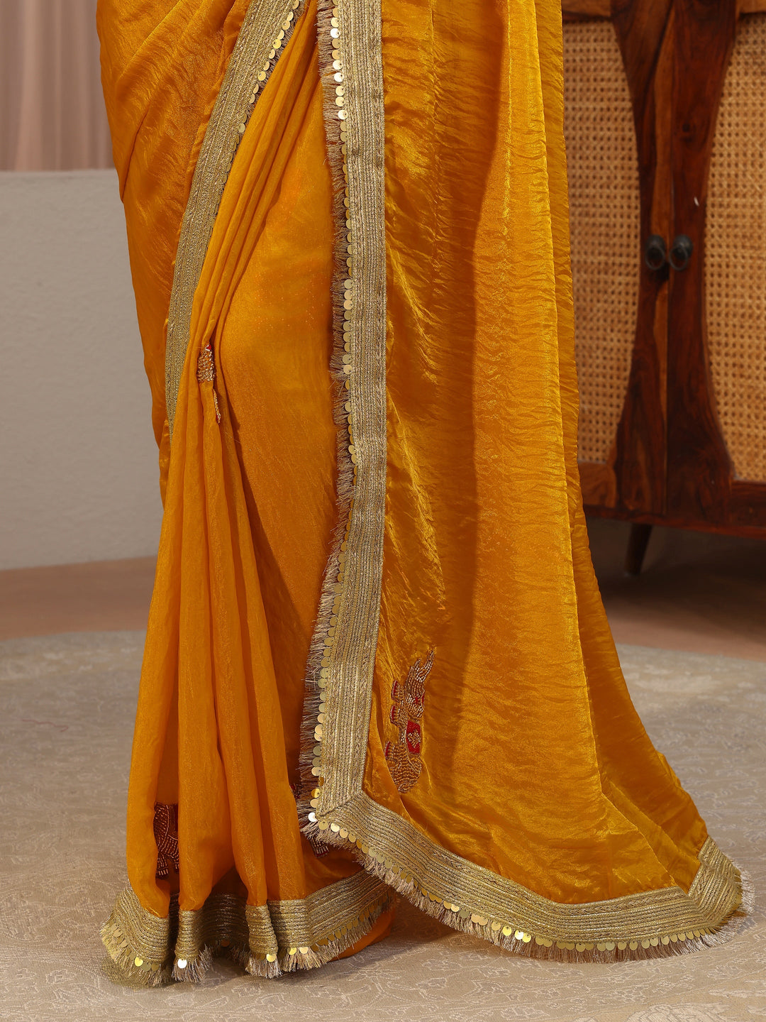  Mustard Embellished Elephant Motif Tissue Saree 