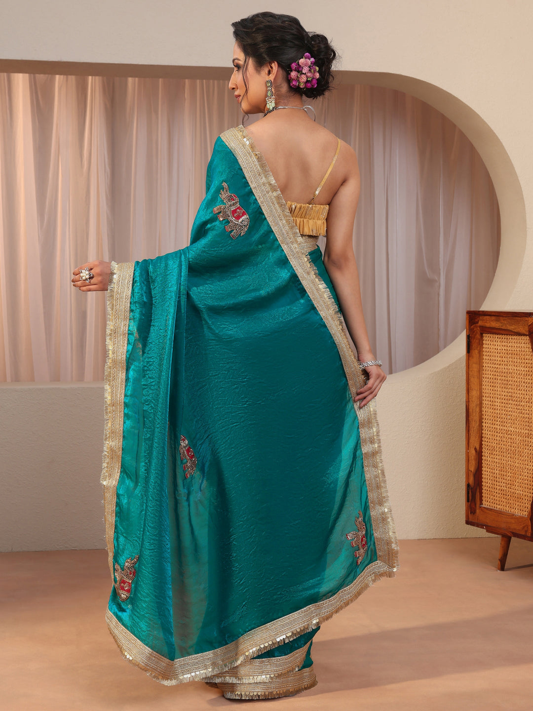  Pacific Blue Elephant Motif Tissue Saree 
