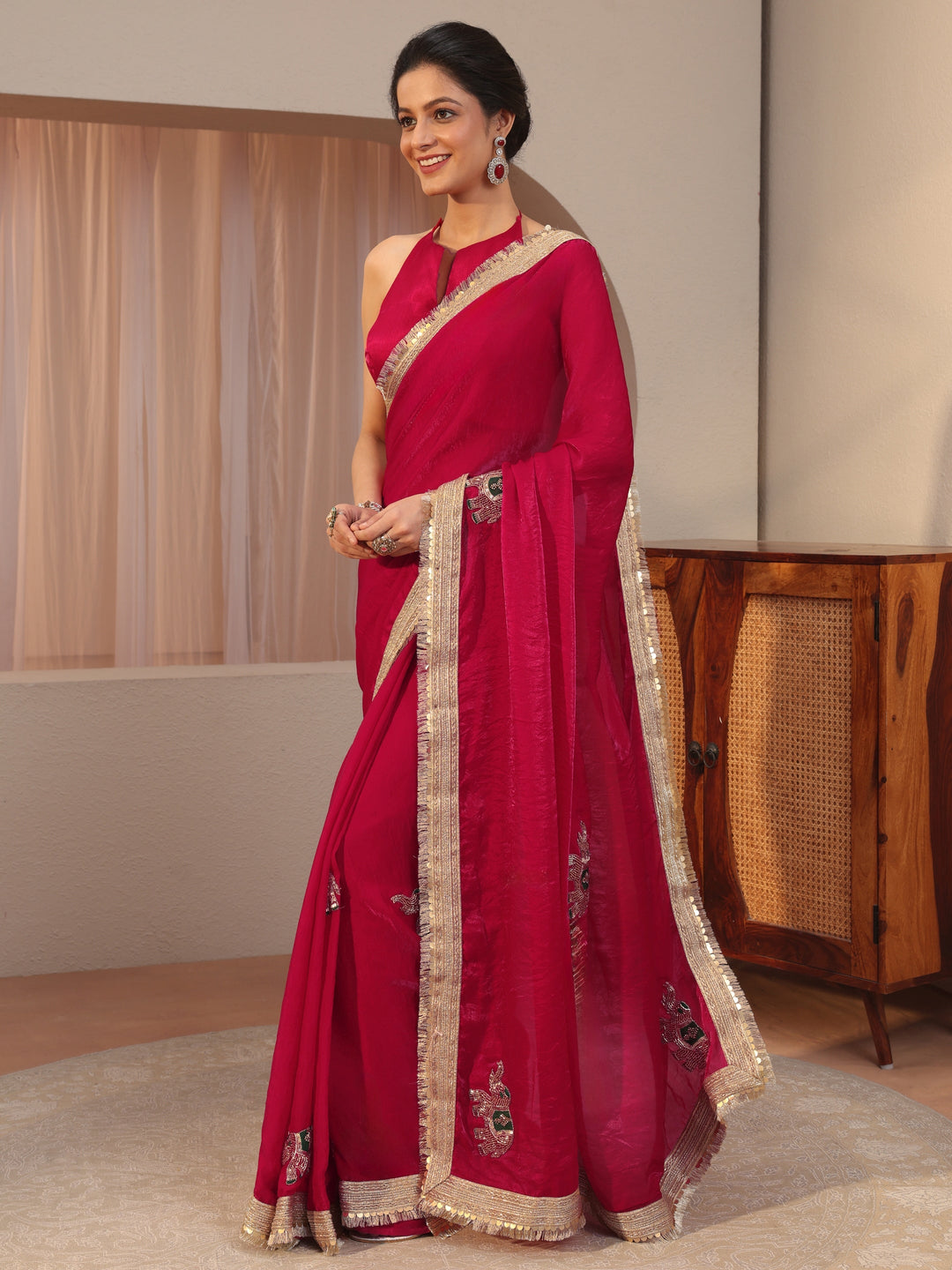  Vermillion Red Elephant Motif Tissue Saree 