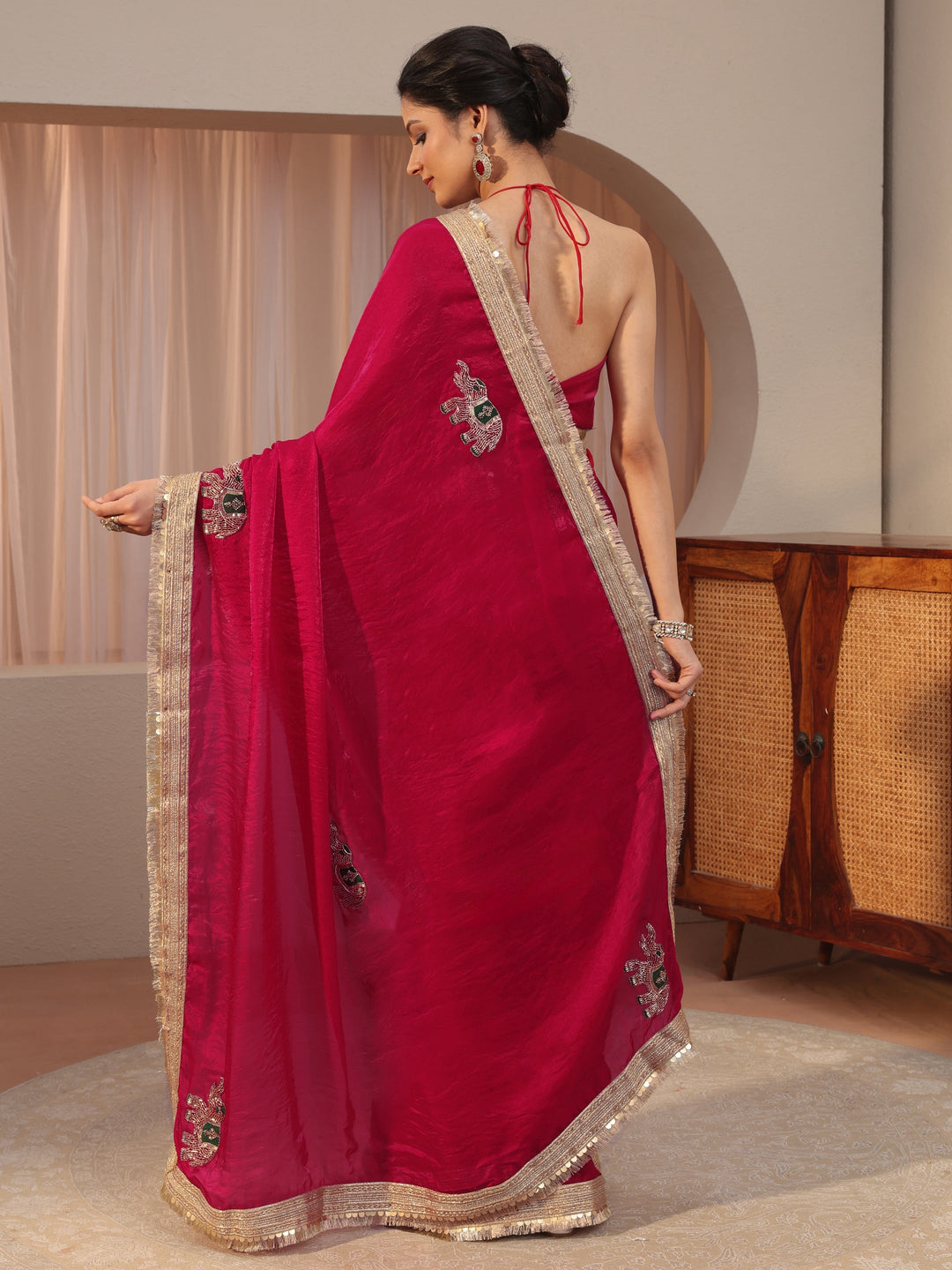 Vermillion Red Elephant Motif Tissue Saree 