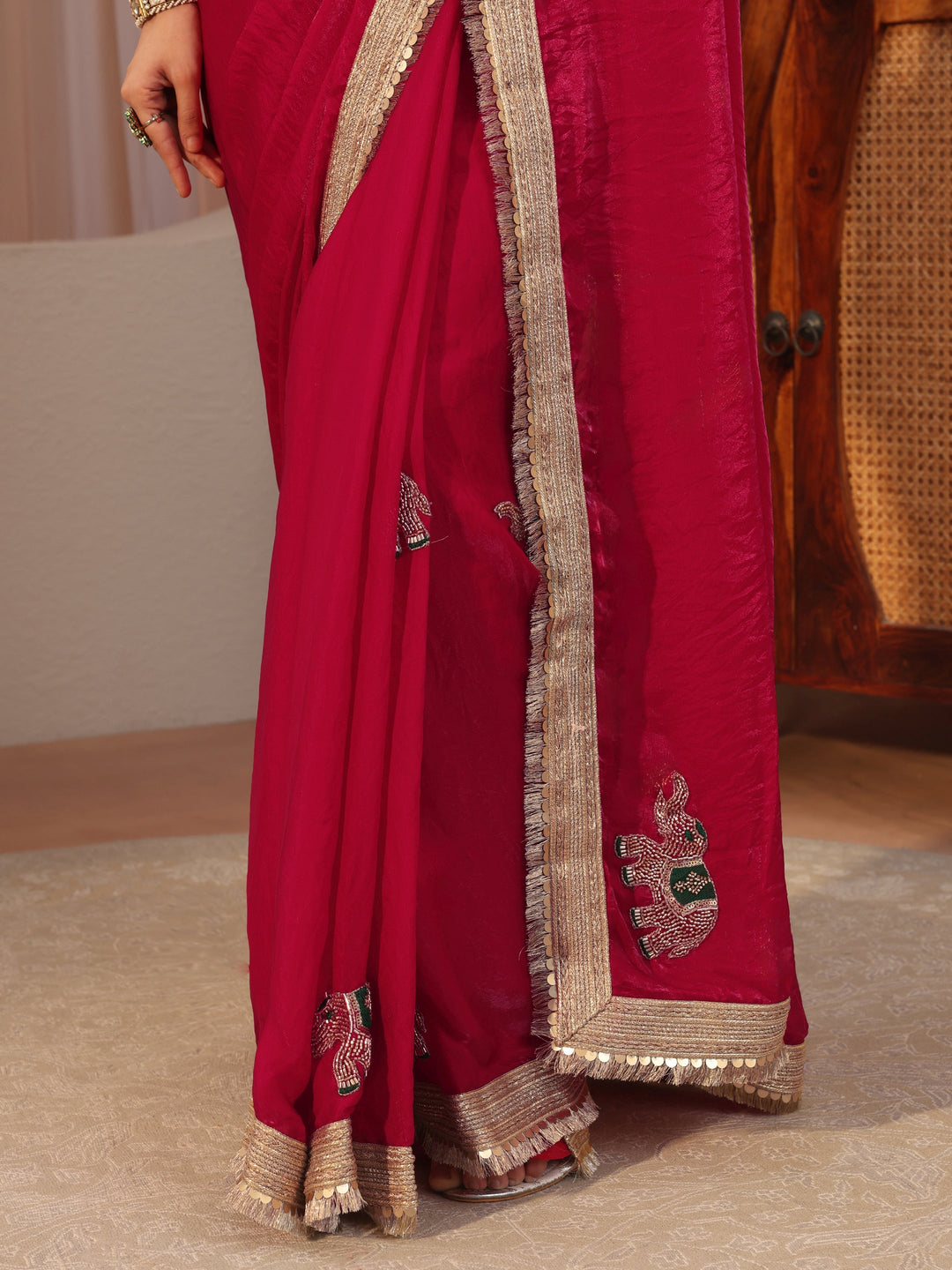 Vermillion Red Elephant Motif Tissue Saree 