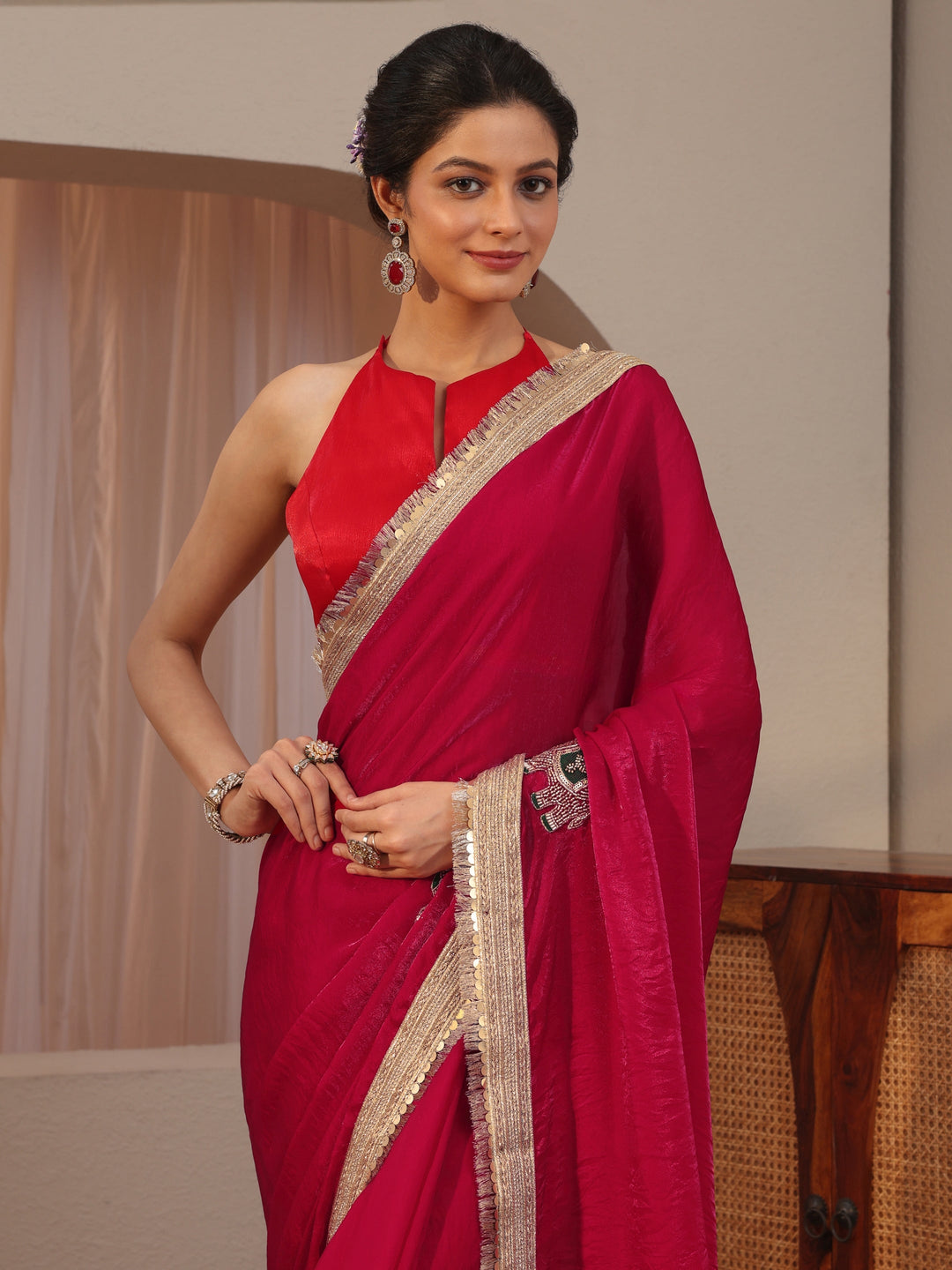  Vermillion Red Elephant Motif Tissue Saree 