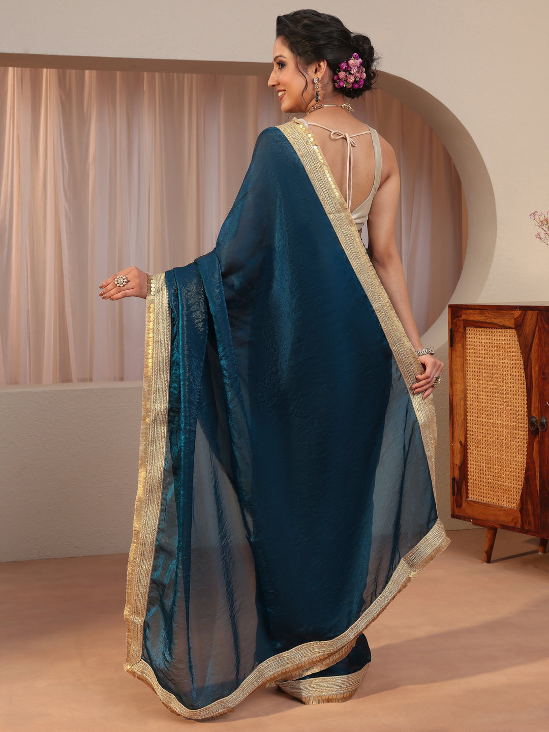 Prussian Blue Tissue Saree With Embellished Border 