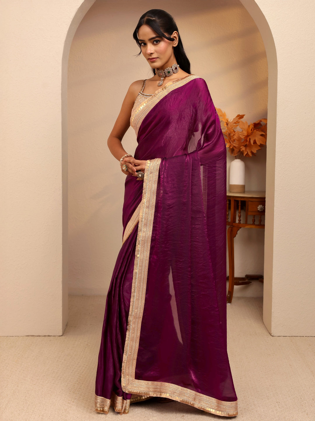  Burgundy Solid Tissue Saree 