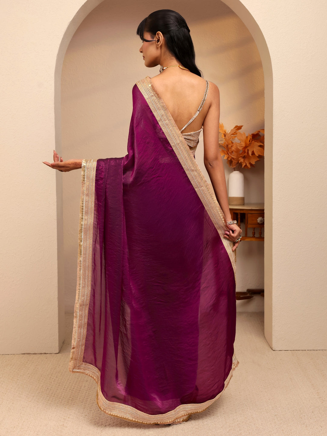  Burgundy Solid Tissue Saree 