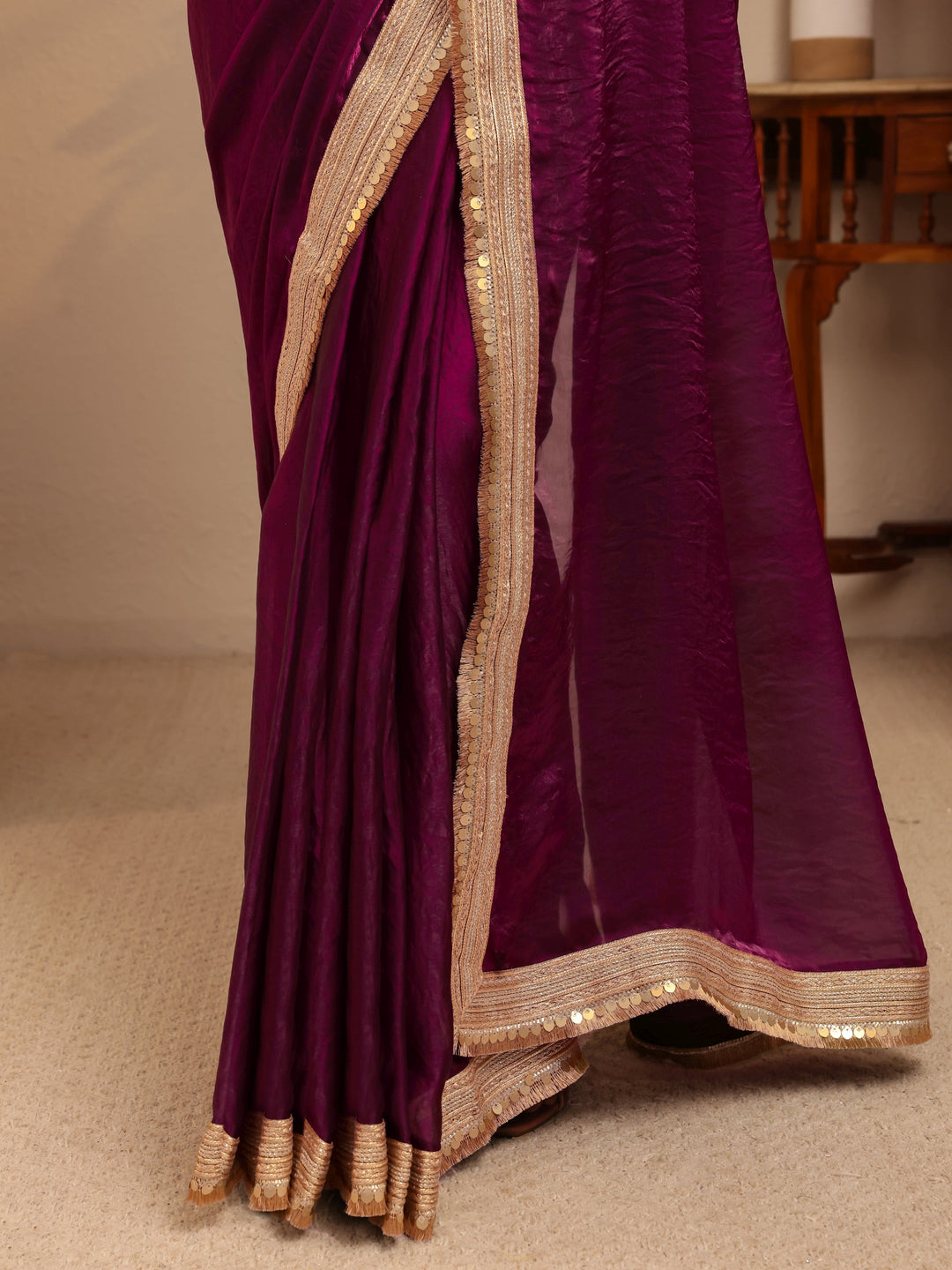 Burgundy Solid Tissue Saree 