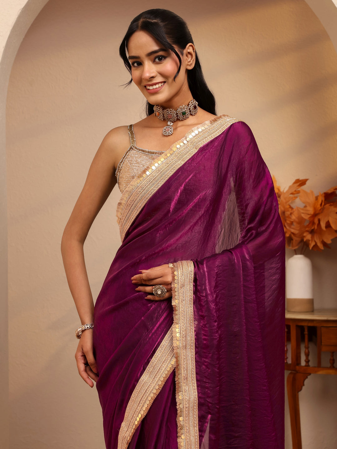  Burgundy Solid Tissue Saree 