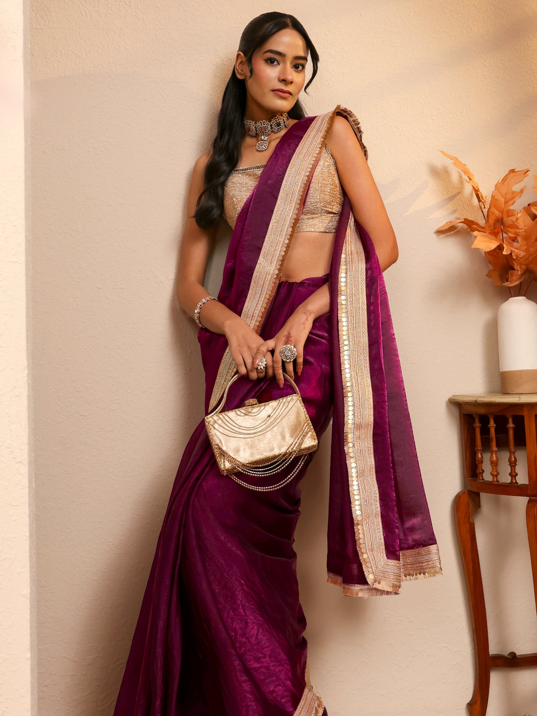  Burgundy Solid Tissue Saree 