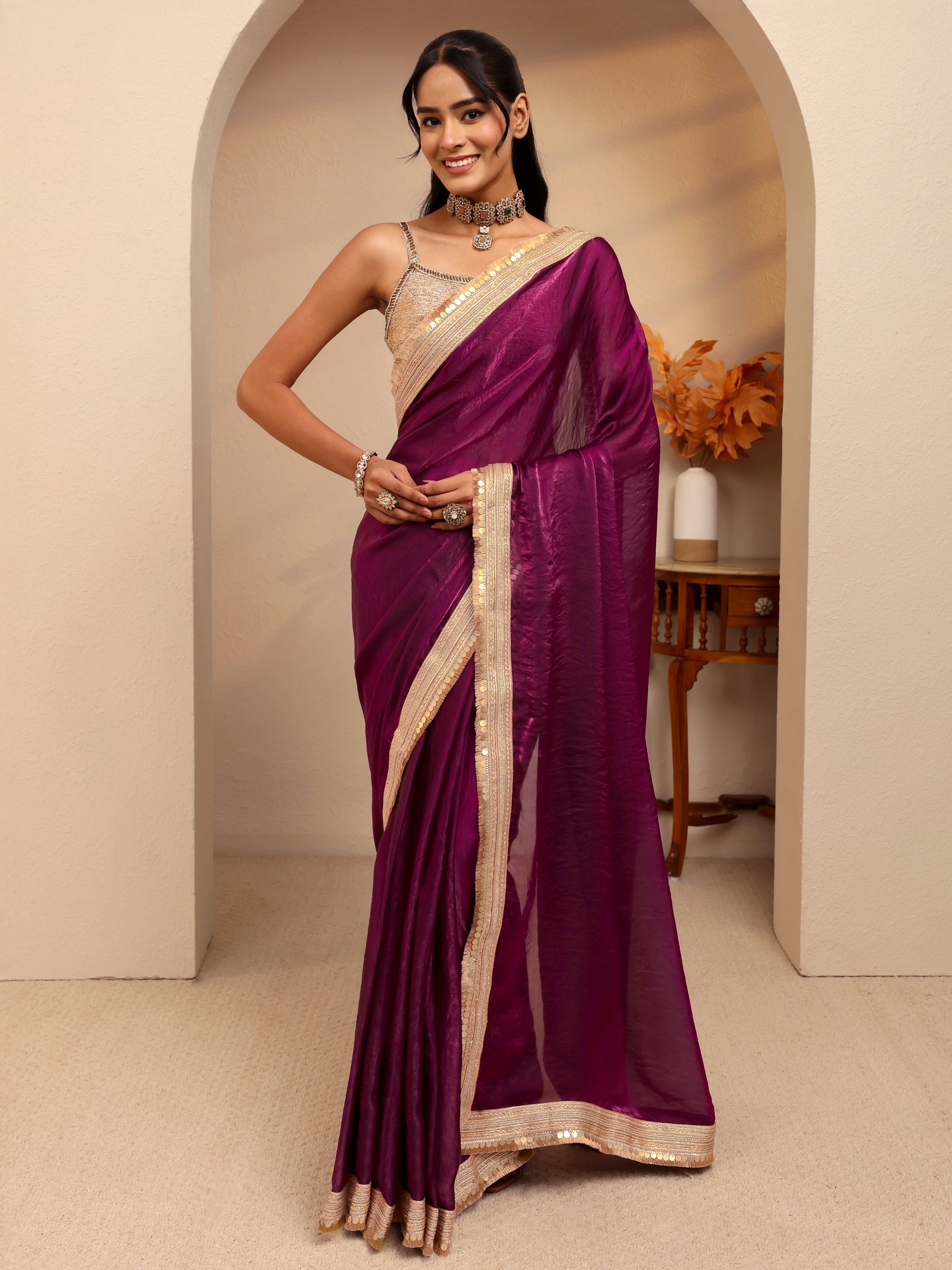 libas Burgundy Solid Tissue Saree-picture-56