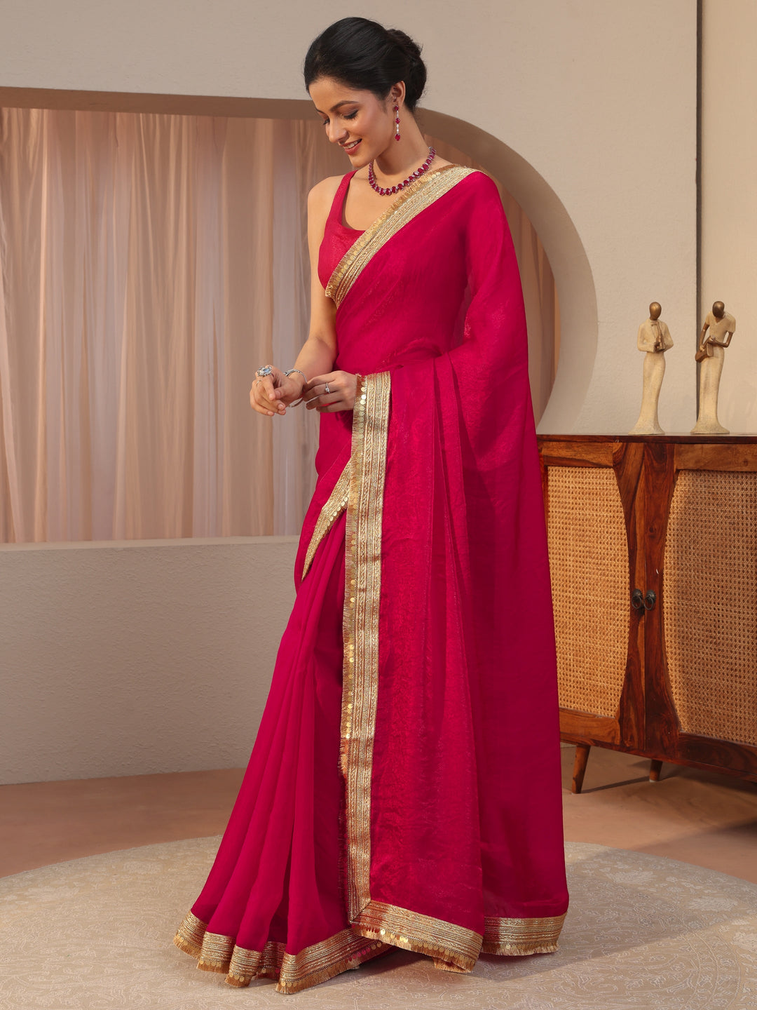  Ruby Pink Tissue Saree With Embellished Border 