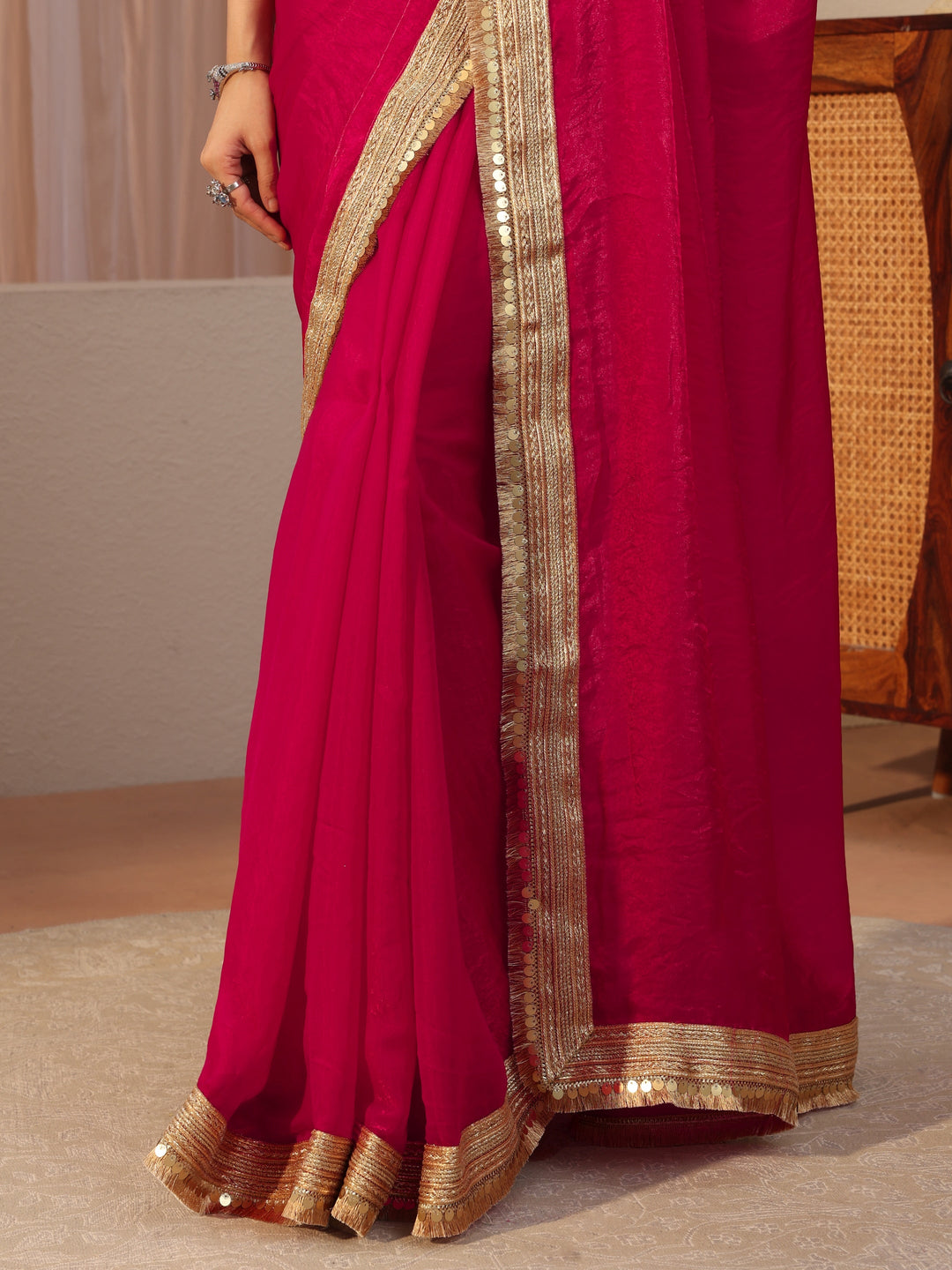  Ruby Pink Tissue Saree With Embellished Border 