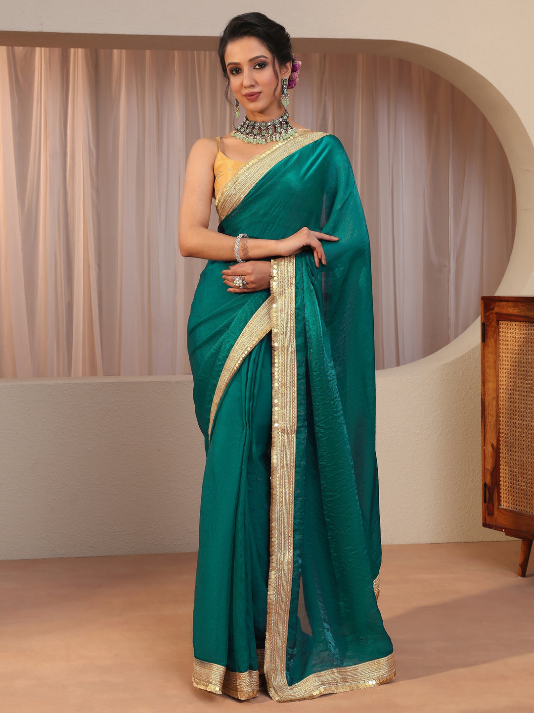  Kelly Green Tissue Saree With Embellished Border 