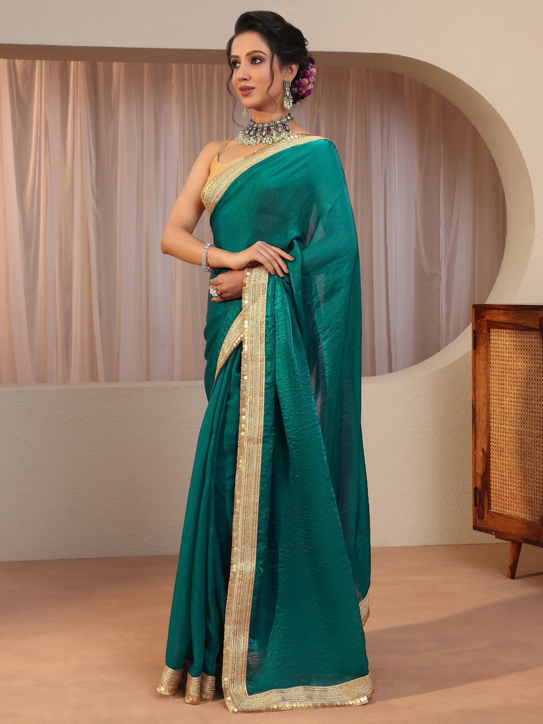  Kelly Green Tissue Saree With Embellished Border 