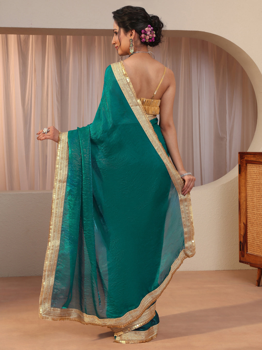  Kelly Green Tissue Saree With Embellished Border 