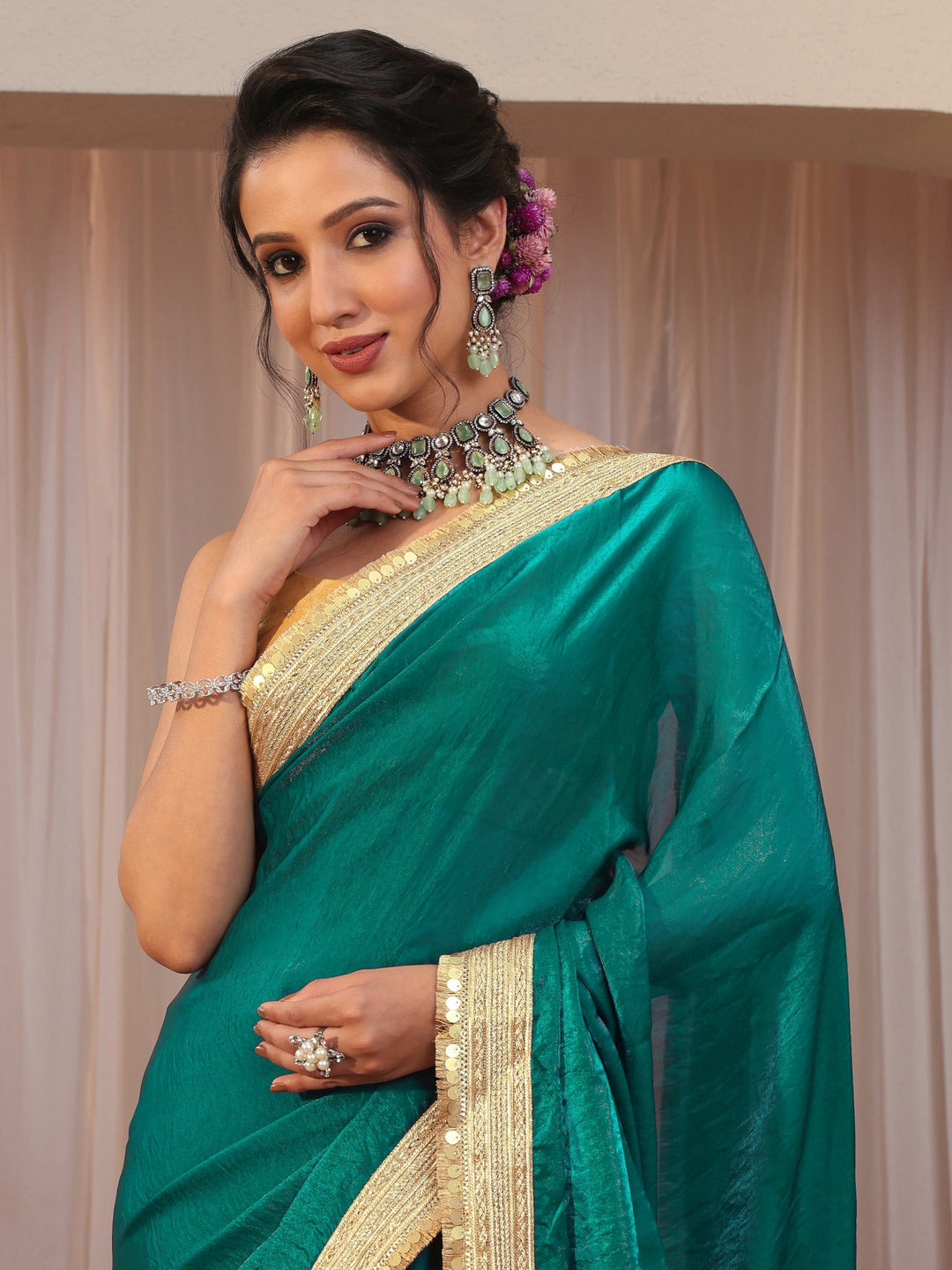  Kelly Green Tissue Saree With Embellished Border 