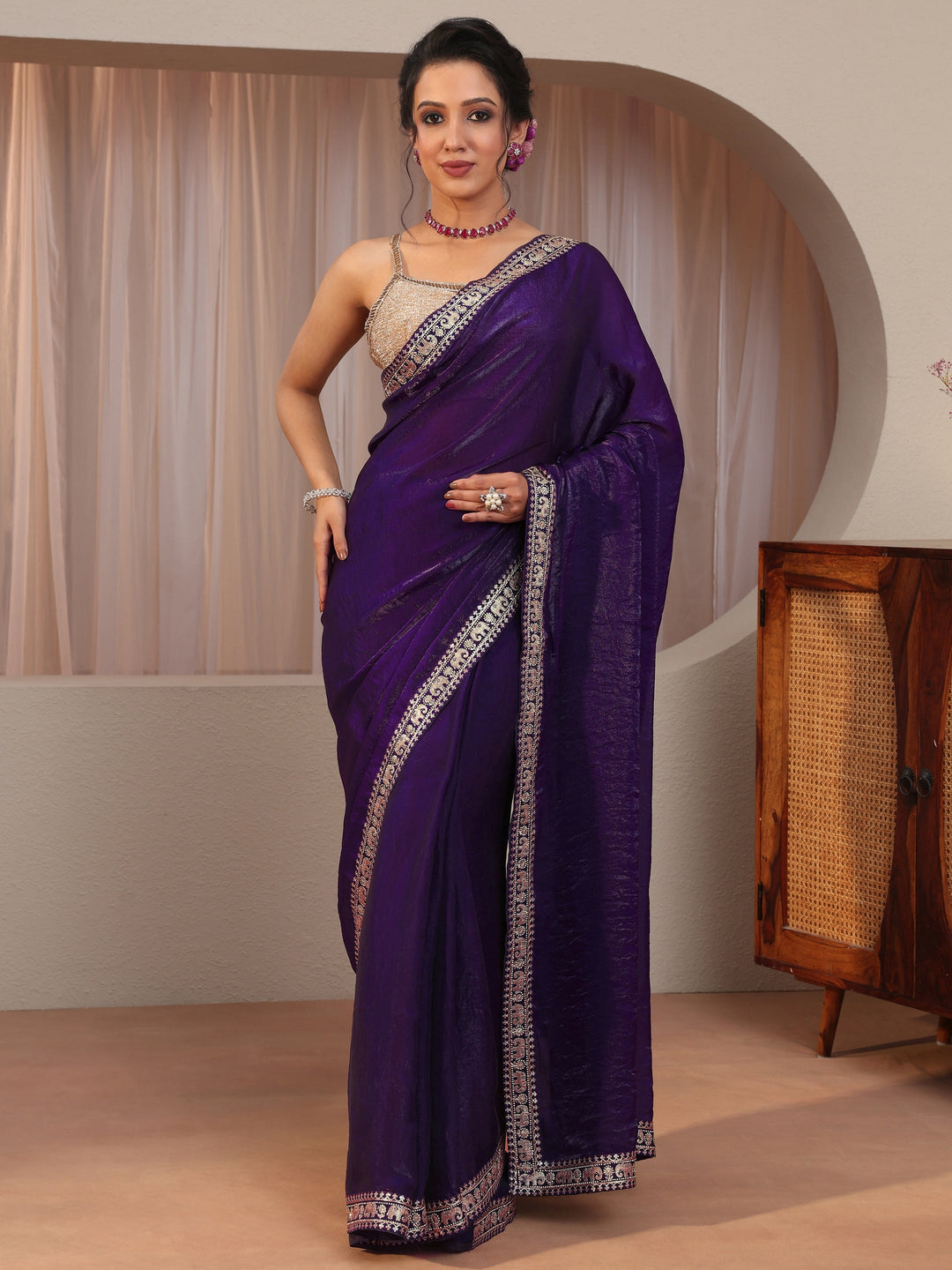  Purple Tissue Saree With Embellished Border 