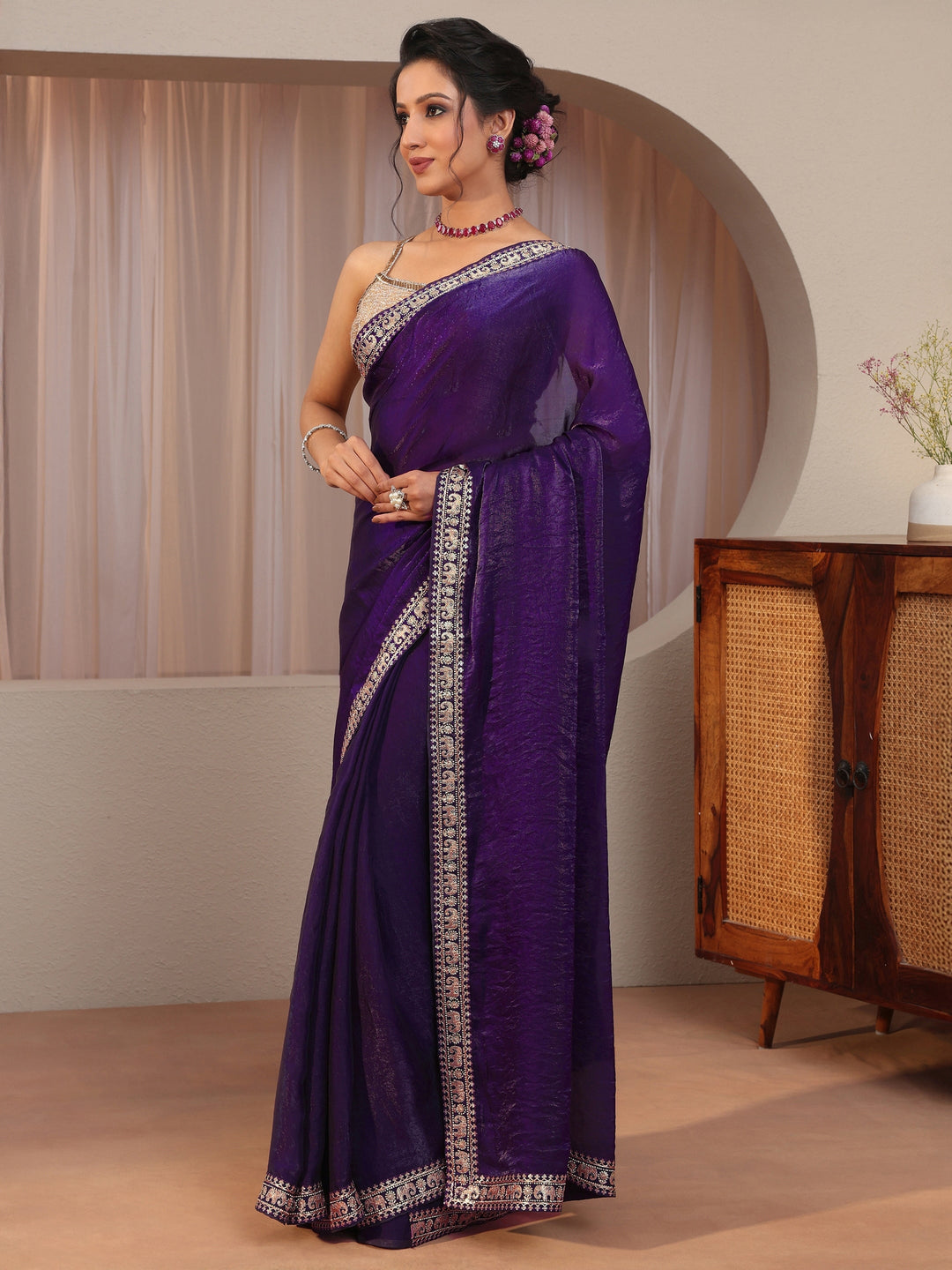  Purple Tissue Saree With Embellished Border 
