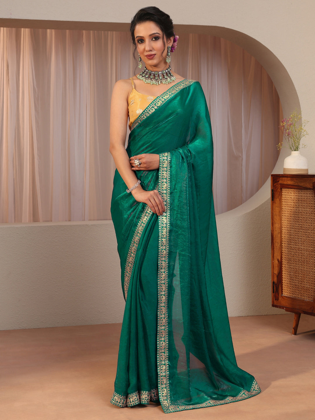  Kelly Green Tissue Saree With Embellished Border 