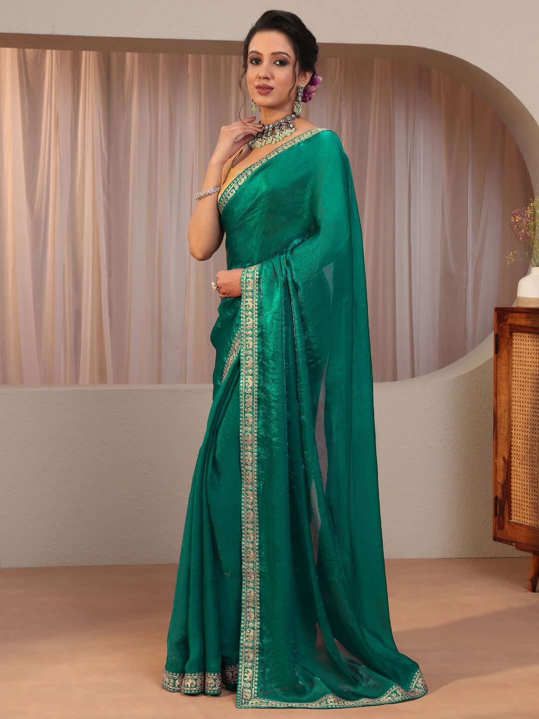  Kelly Green Tissue Saree With Embellished Border 