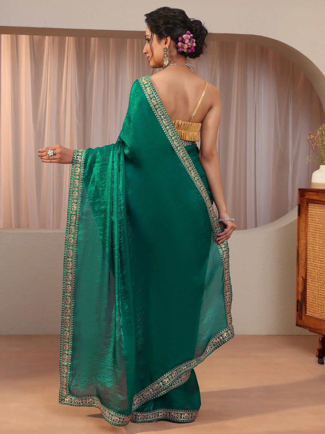  Kelly Green Tissue Saree With Embellished Border 