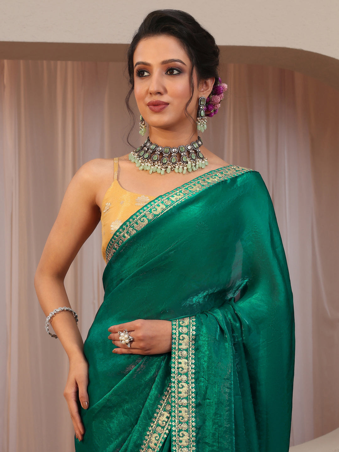  Kelly Green Tissue Saree With Embellished Border 