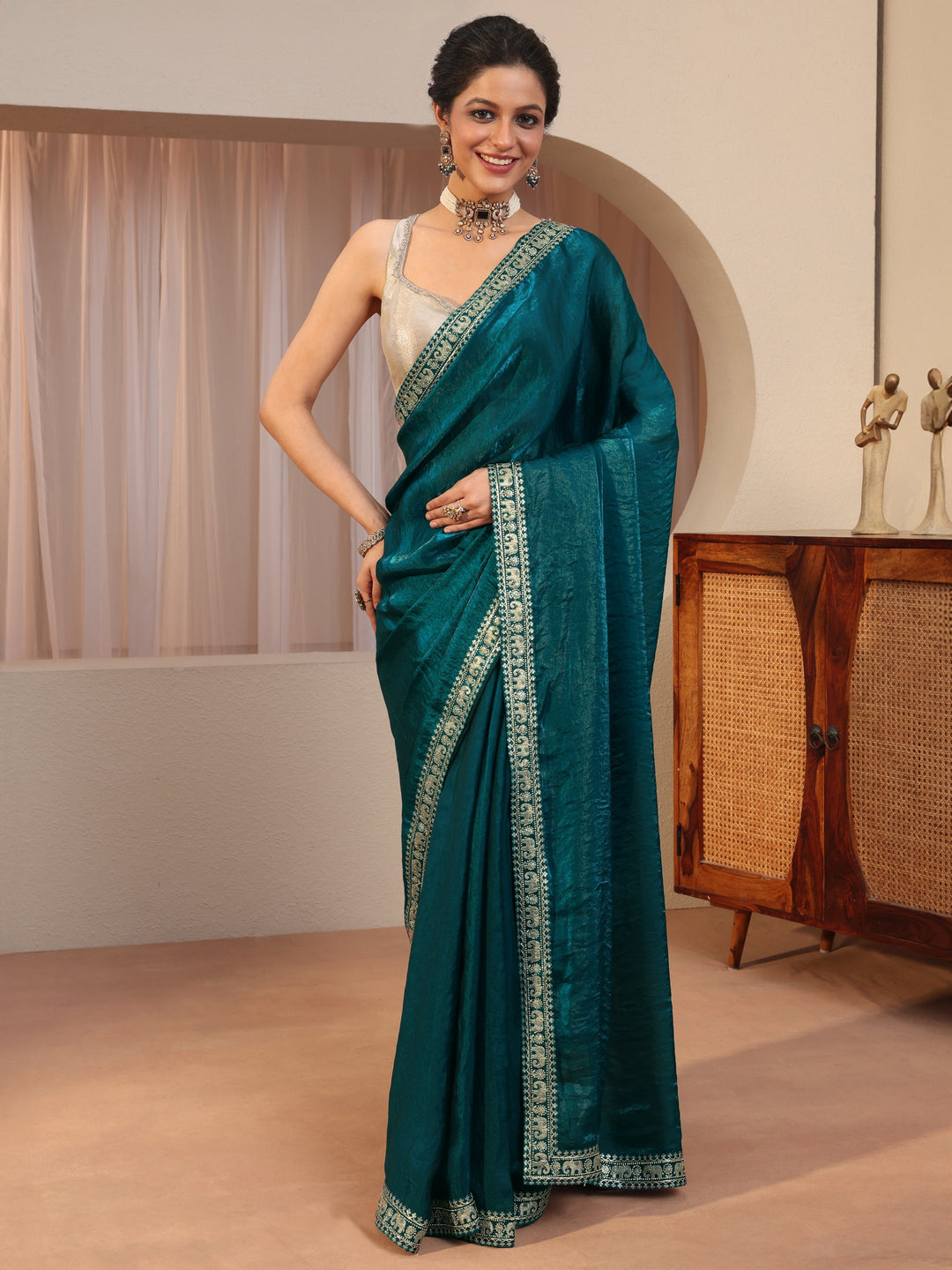  Pacific Blue Tissue Saree With Embellished Border 