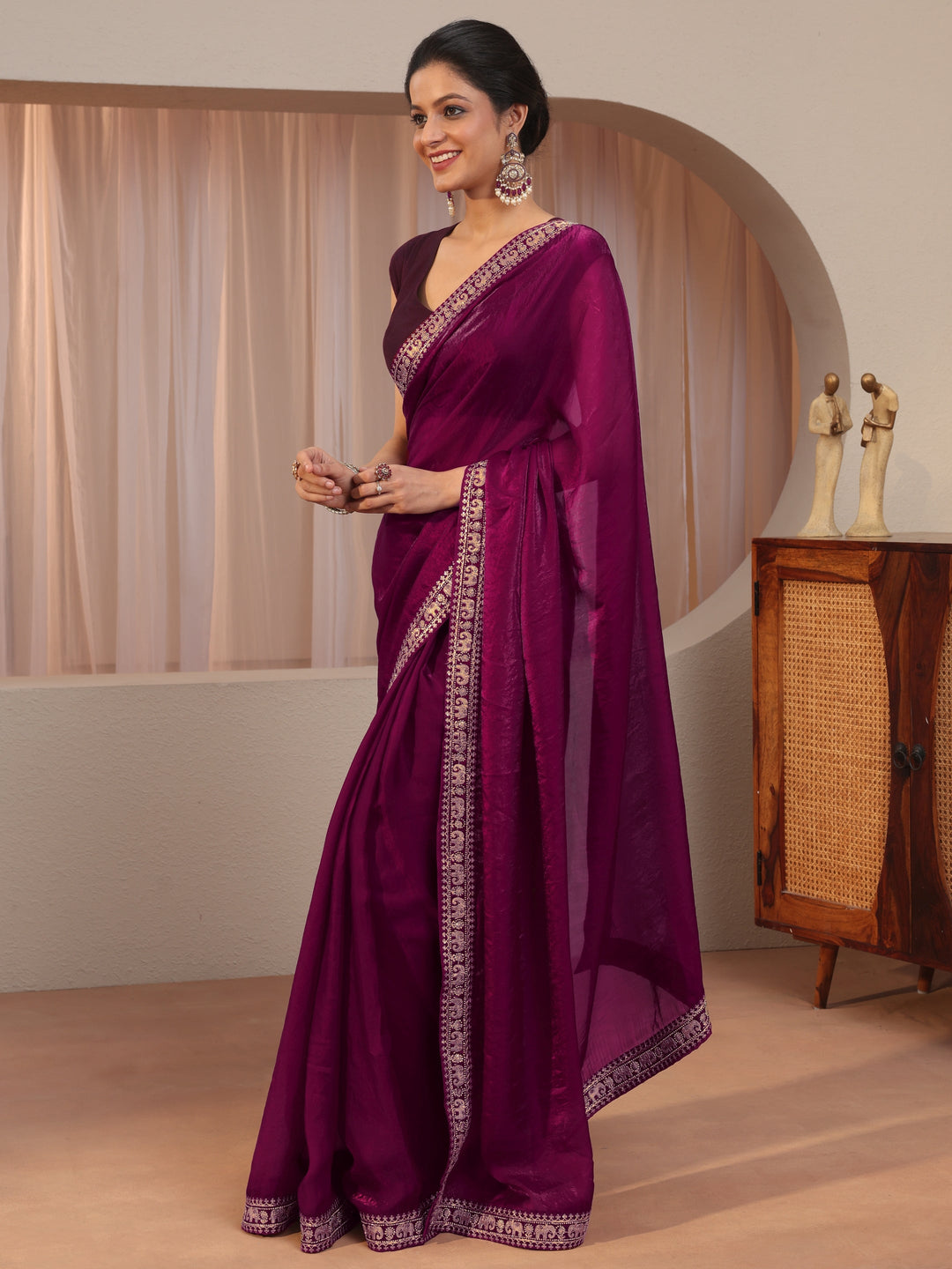  Burgundy Tissue Saree With Embellished Border 