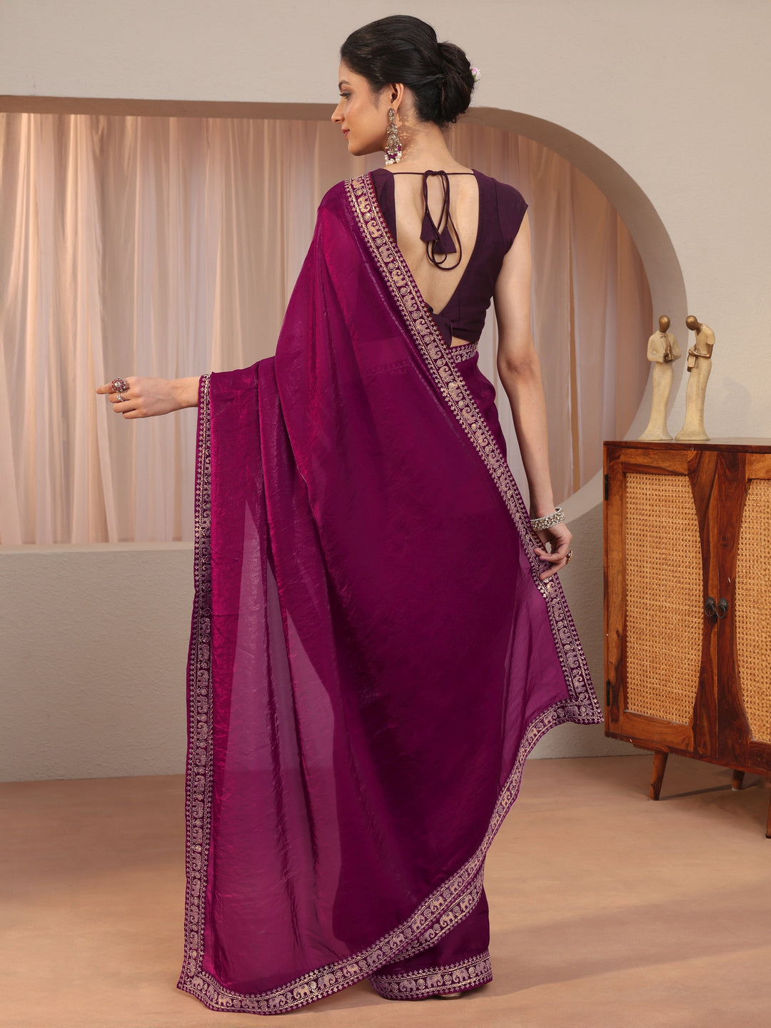  Burgundy Tissue Saree With Embellished Border 