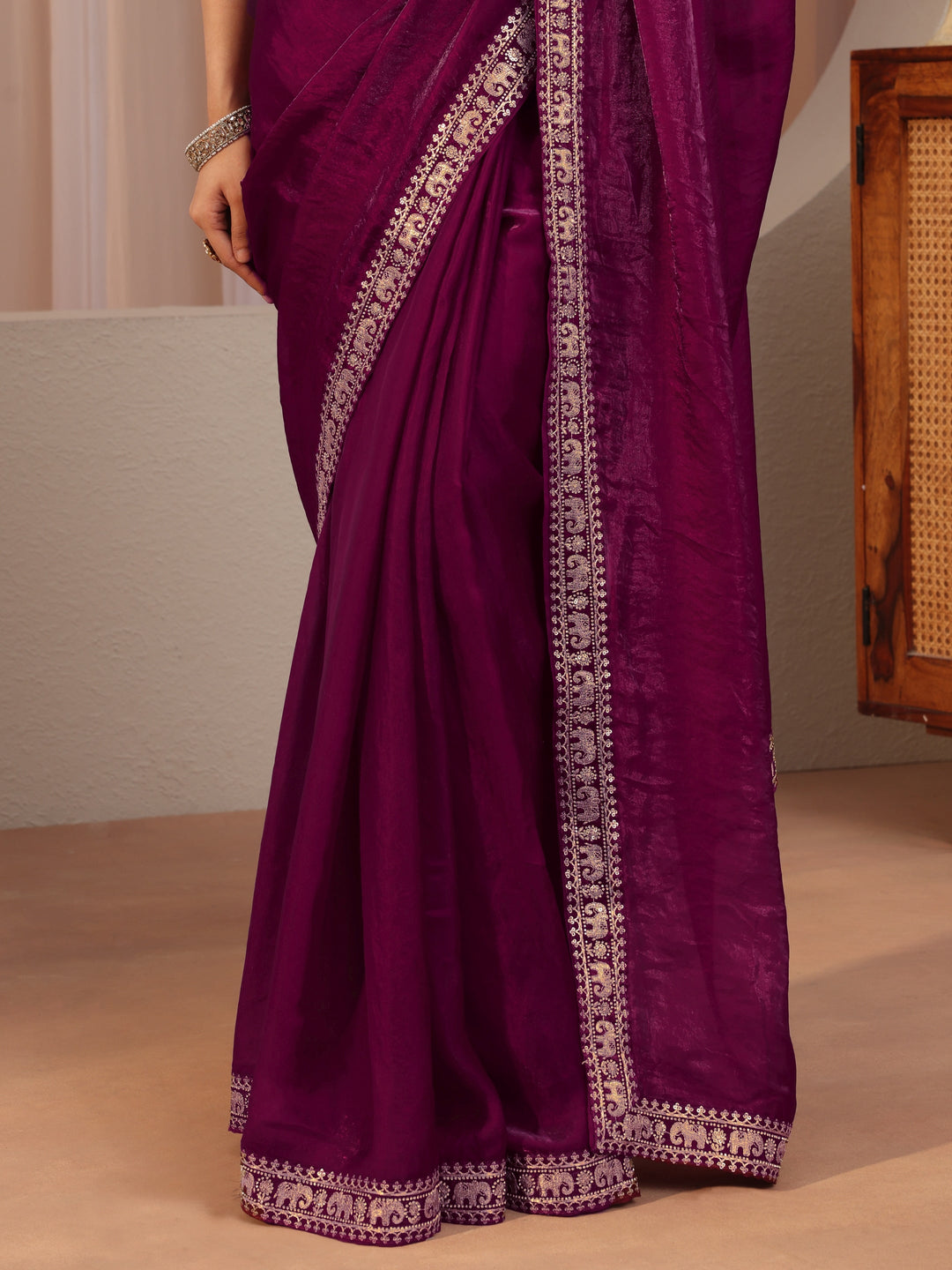  Burgundy Tissue Saree With Embellished Border 