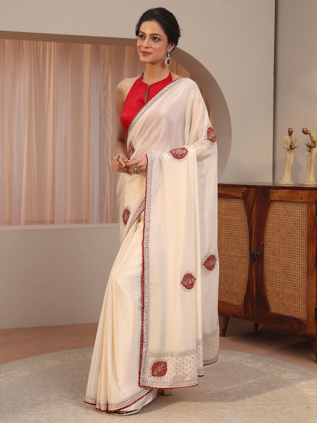  Cream Applique Embellished Chiffon Saree 