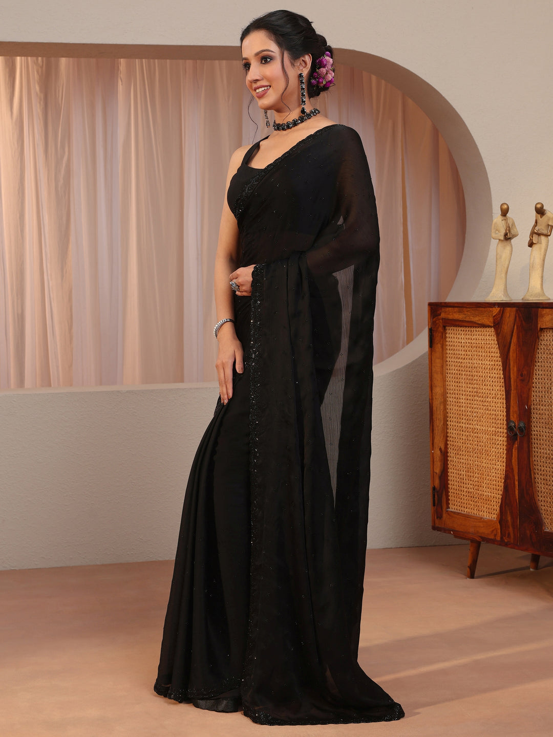  Black Chiffon Saree With Sequin Border 