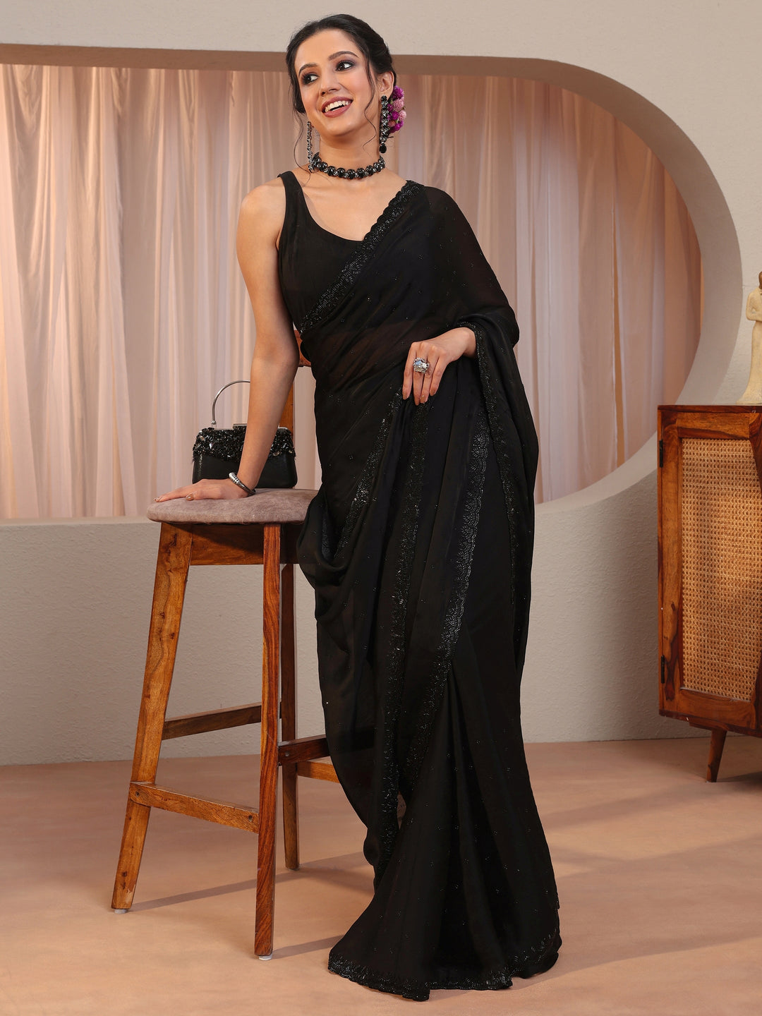  Black Chiffon Saree With Sequin Border 