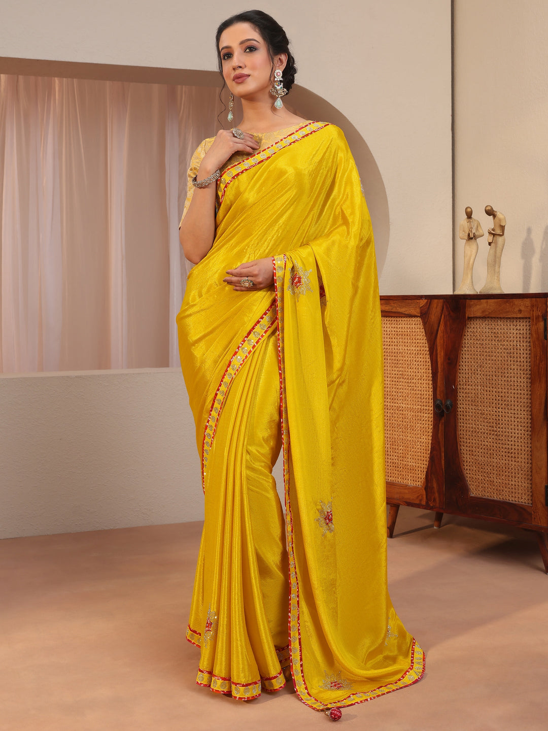  Mustard Chiffon Saree With Embellished Applique 