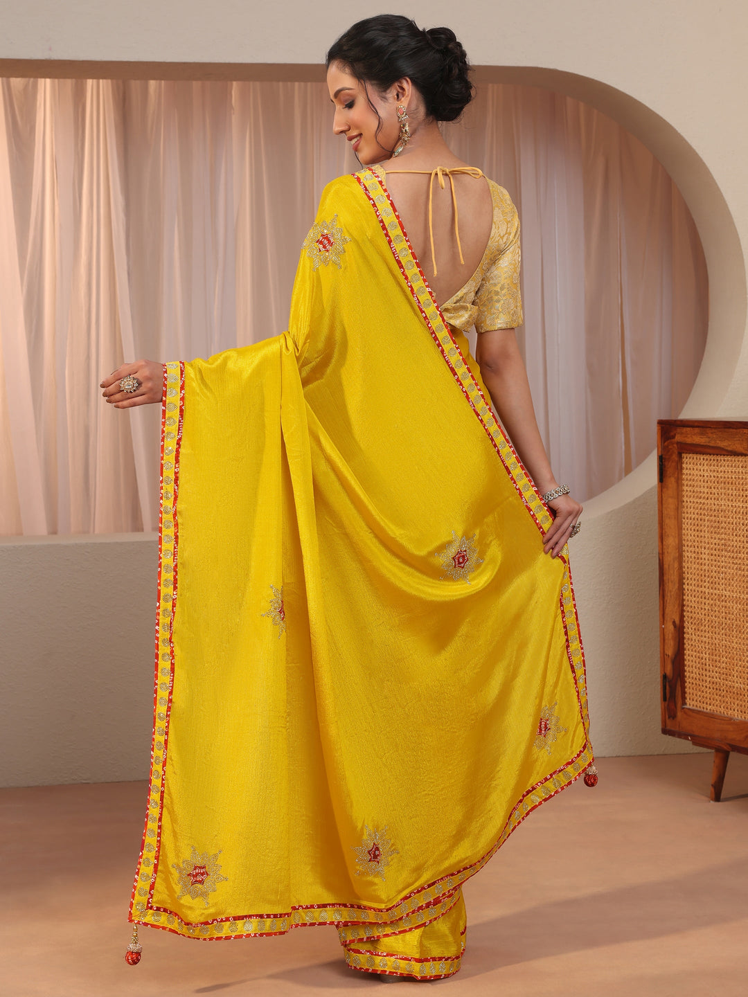  Mustard Chiffon Saree With Embellished Applique 