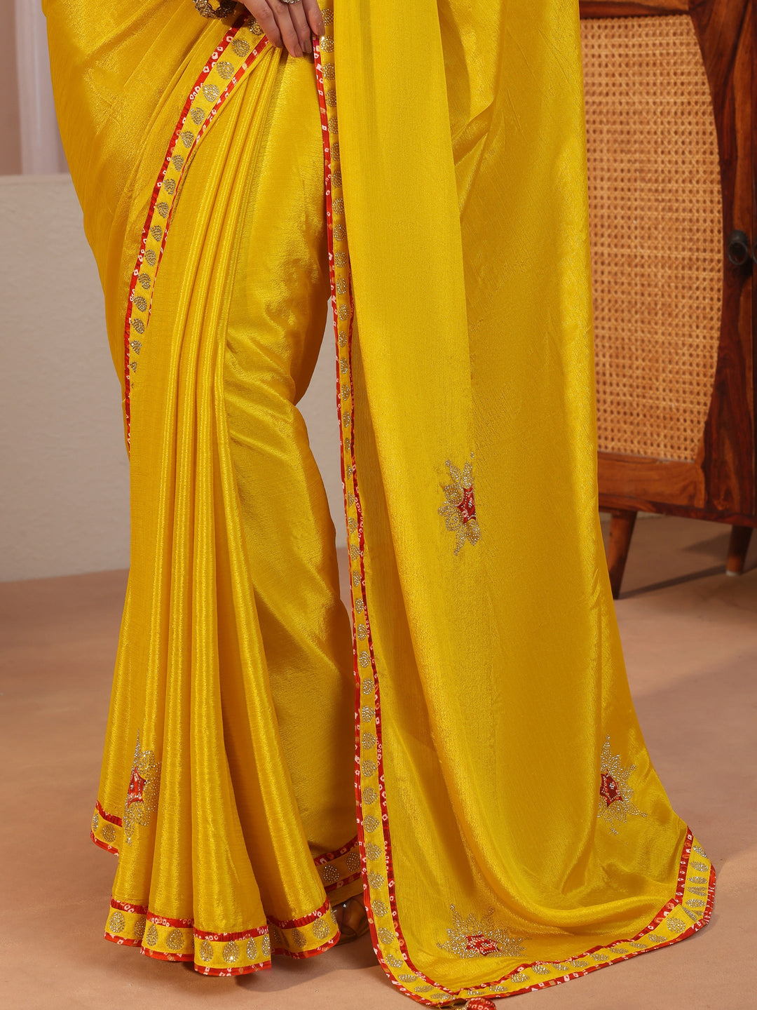  Mustard Chiffon Saree With Embellished Applique 