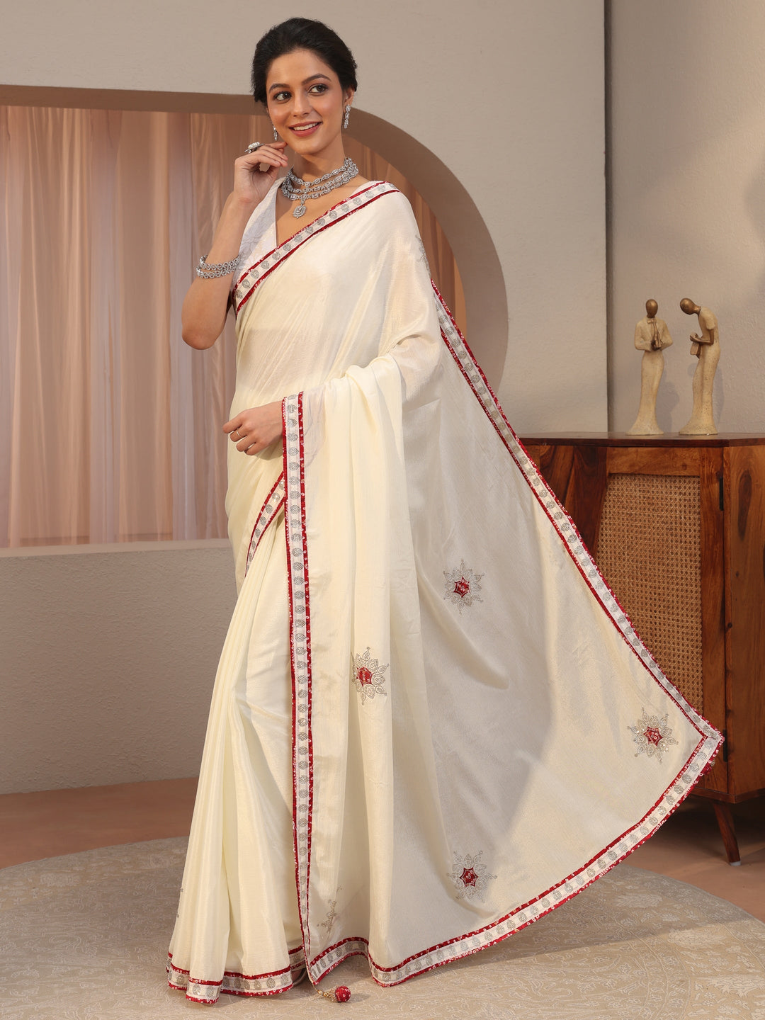  Cream Chiffon Saree With Embellished Applique 
