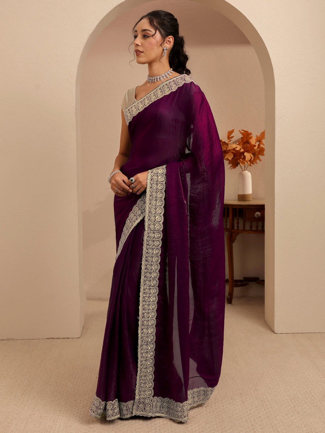  Burgundy Solid Tissue Saree 