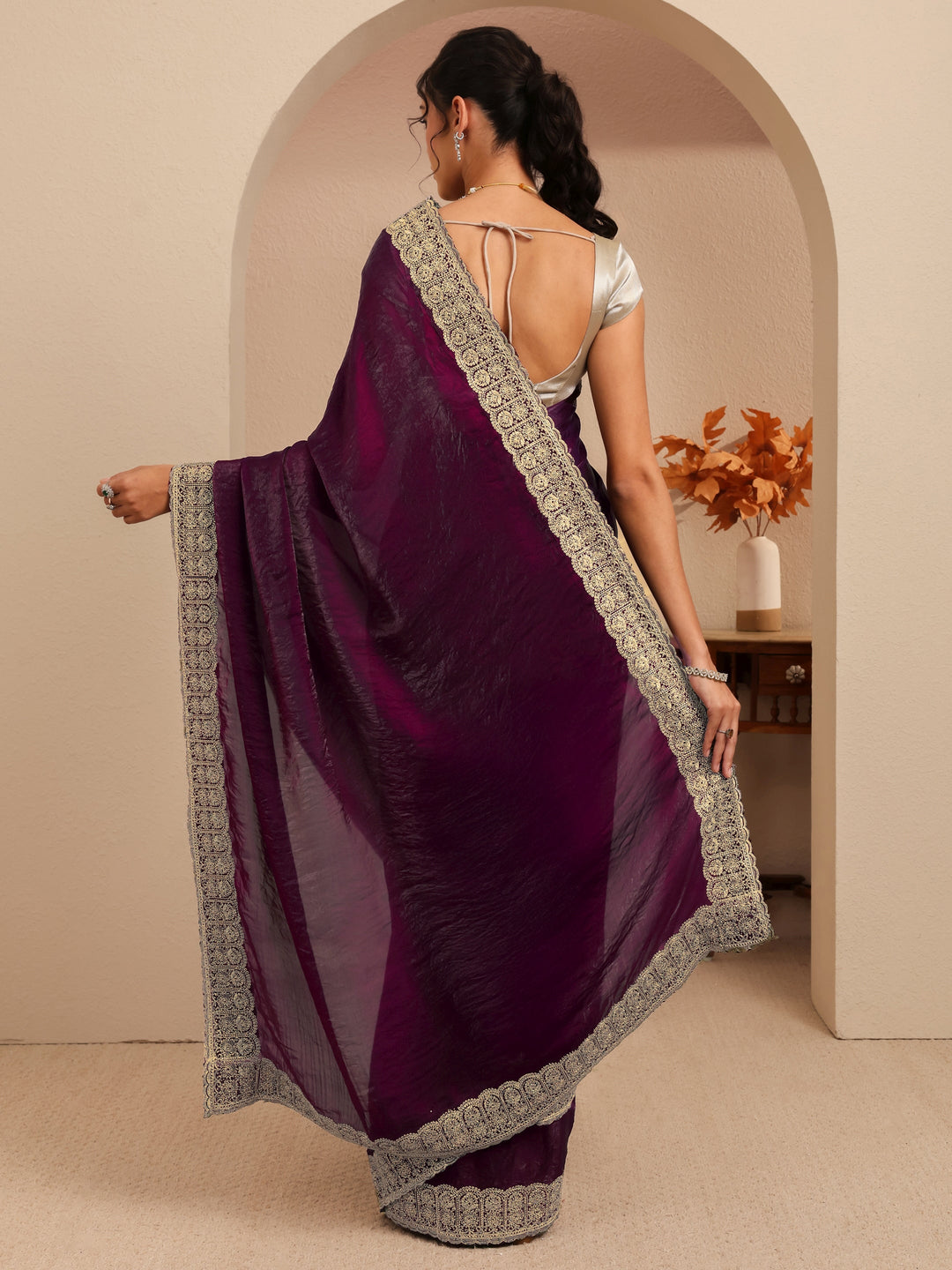  Burgundy Solid Tissue Saree 