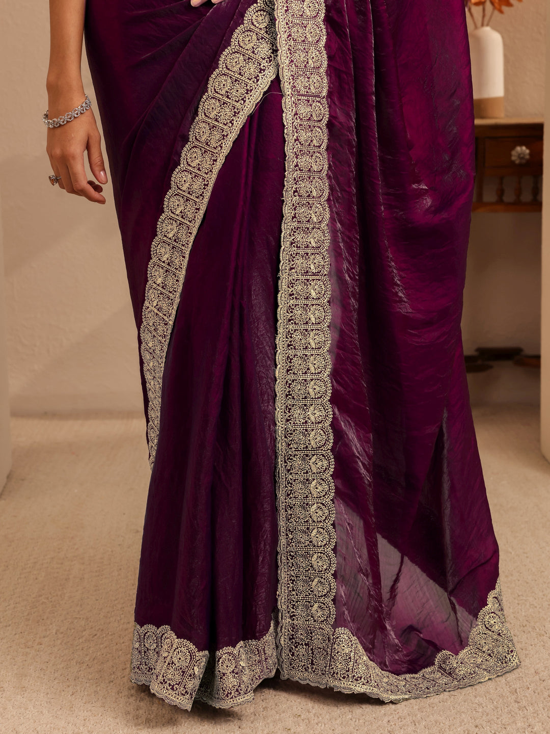  Burgundy Solid Tissue Saree 