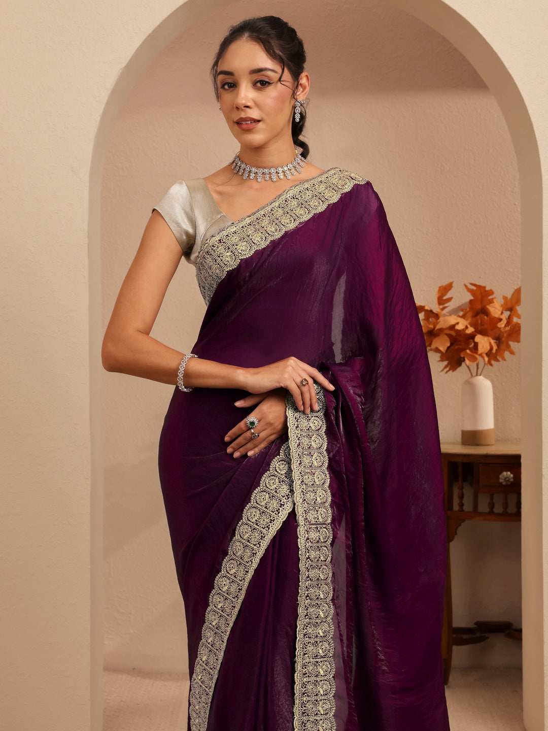  Burgundy Solid Tissue Saree 