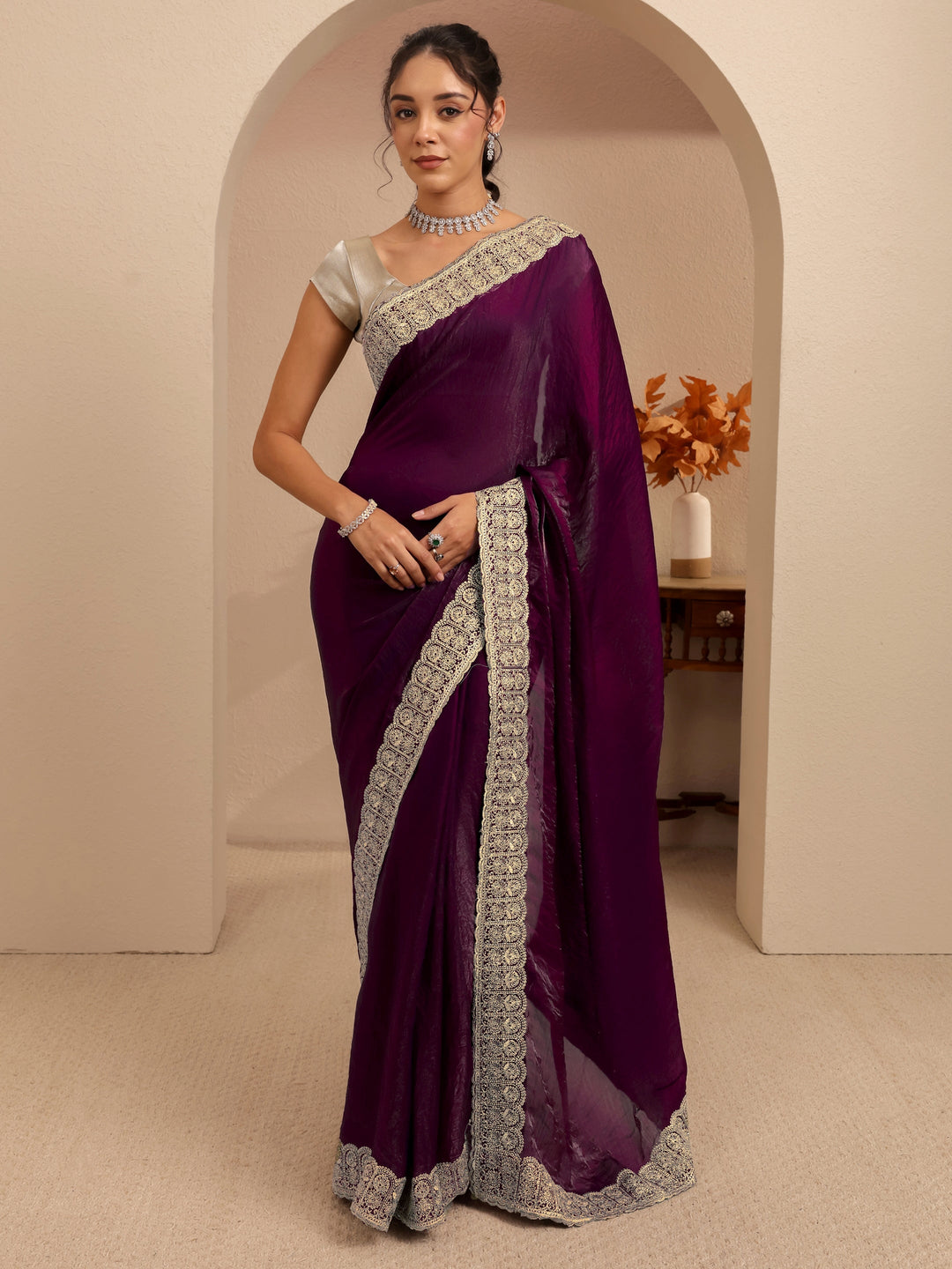  Burgundy Solid Tissue Saree 