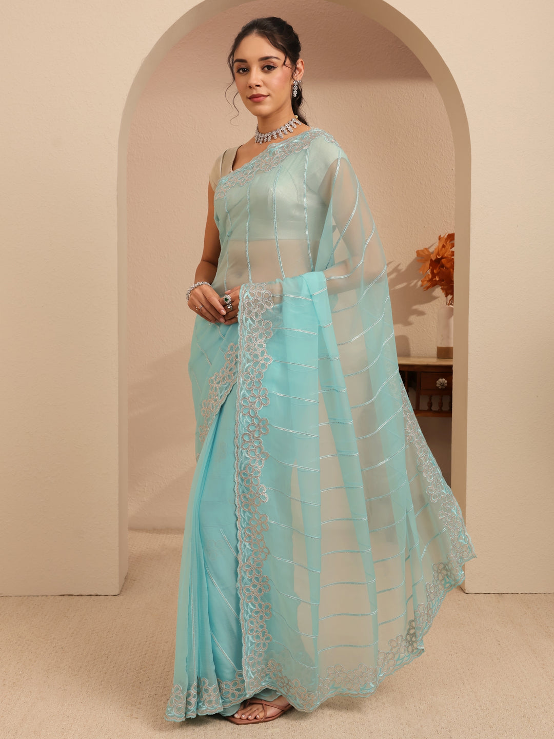  Sky Blue Embroidered Organza Saree 
