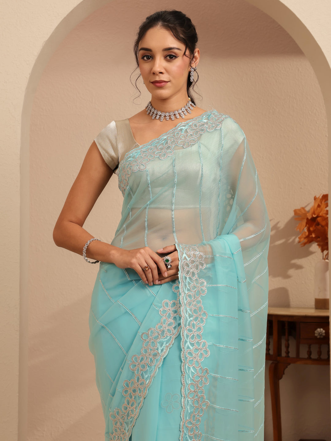  Sky Blue Embroidered Organza Saree 